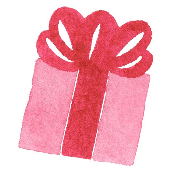 a painting by Noemi Salome of a pink-wrapped gift box tied with a bright red ribbon with a large, floppy bow.